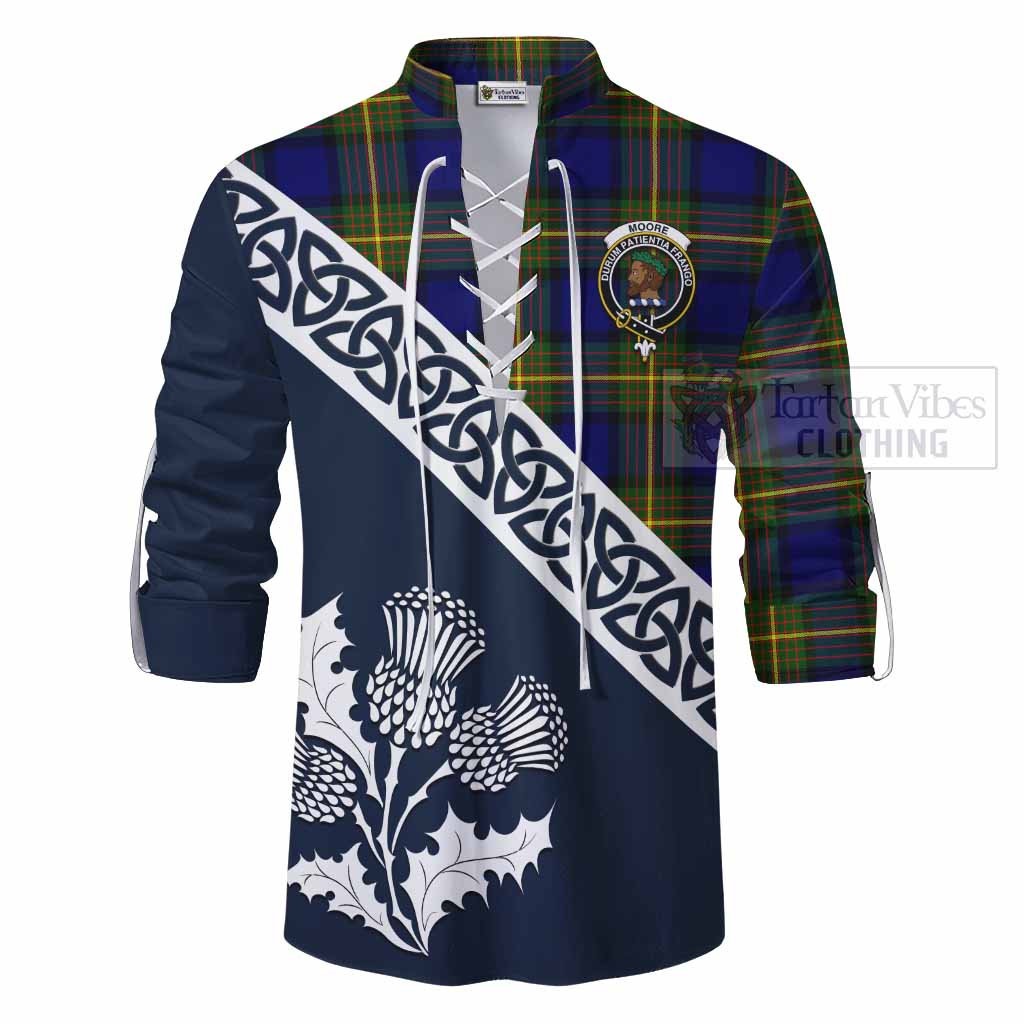 Moore Tartan Ghillie Kilt Shirt Featuring Thistle and Scotland Map - Tartan Vibes Clothing