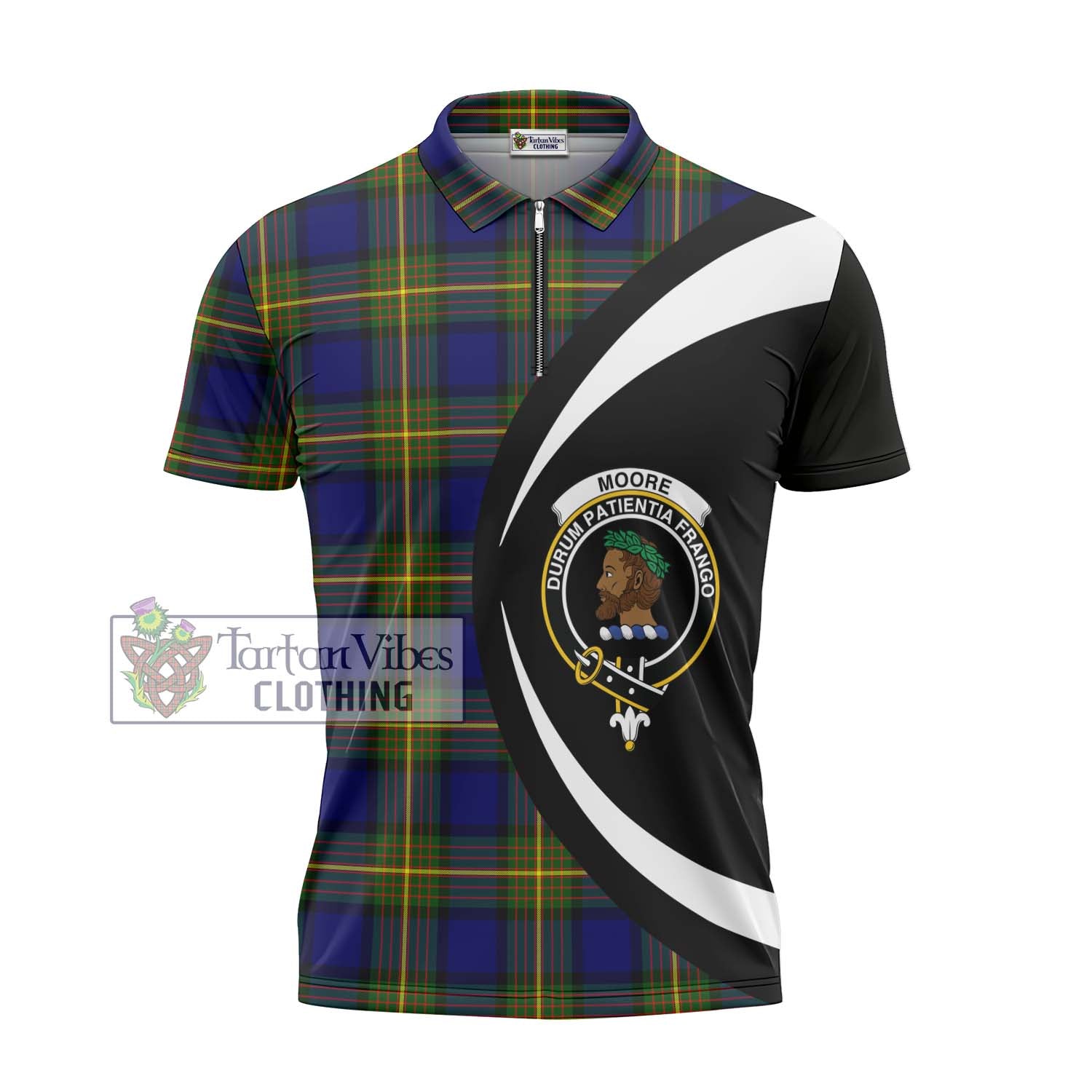 Moore Tartan Zipper Polo Shirt with Family Crest Circle Style - Tartan Vibes Clothing