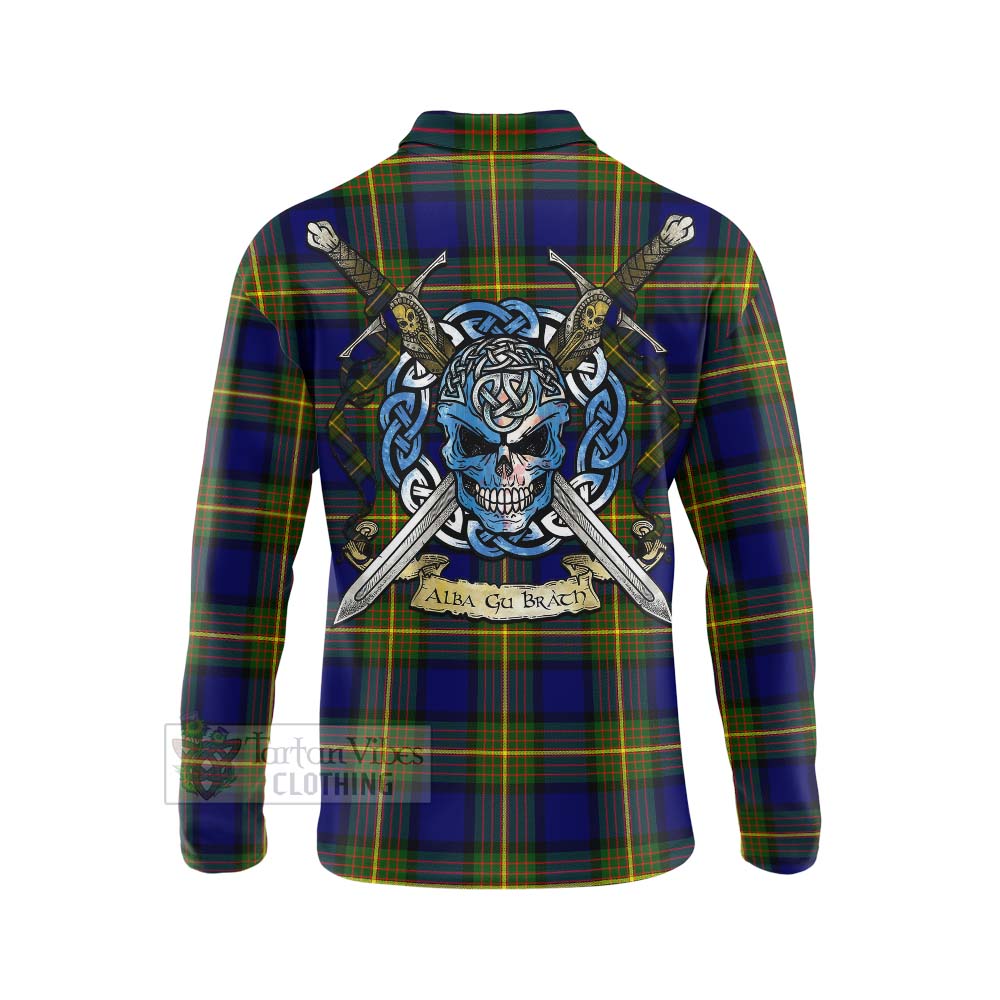 Moore Tartan Long Sleeve Polo Shirt with Family Crest Celtic Skull Style - Tartan Vibes Clothing