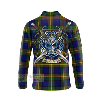 Moore Tartan Long Sleeve Polo Shirt with Family Crest Celtic Skull Style - Tartan Vibes Clothing