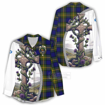 Moore Tartan Women's Casual Shirt with Family Crest and St. Andrew's Cross Accented by Thistle Vines - Tartan Vibes Clothing