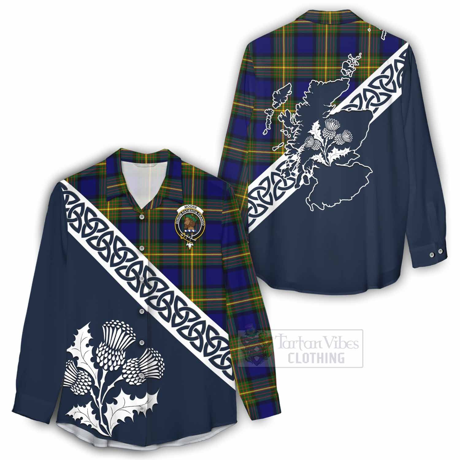 Moore Tartan Women's Casual Shirt Featuring Thistle and Scotland Map - Tartan Vibes Clothing