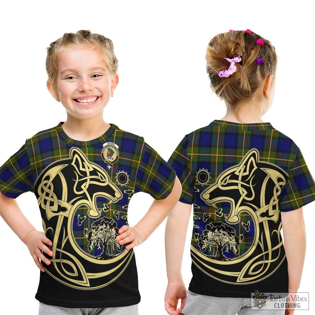 Moore Tartan Kid T-Shirt with Family Crest Celtic Wolf Style - Tartan Vibes Clothing