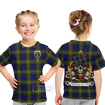 Moore Tartan Kid T-Shirt with Family Crest and Bearded Skull Holding Bottles of Whiskey - Tartan Vibes Clothing