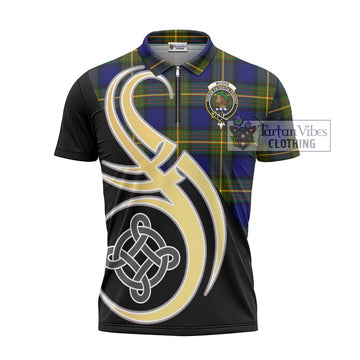 Moore Tartan Zipper Polo Shirt with Family Crest and Celtic Symbol Style - Tartan Vibes Clothing