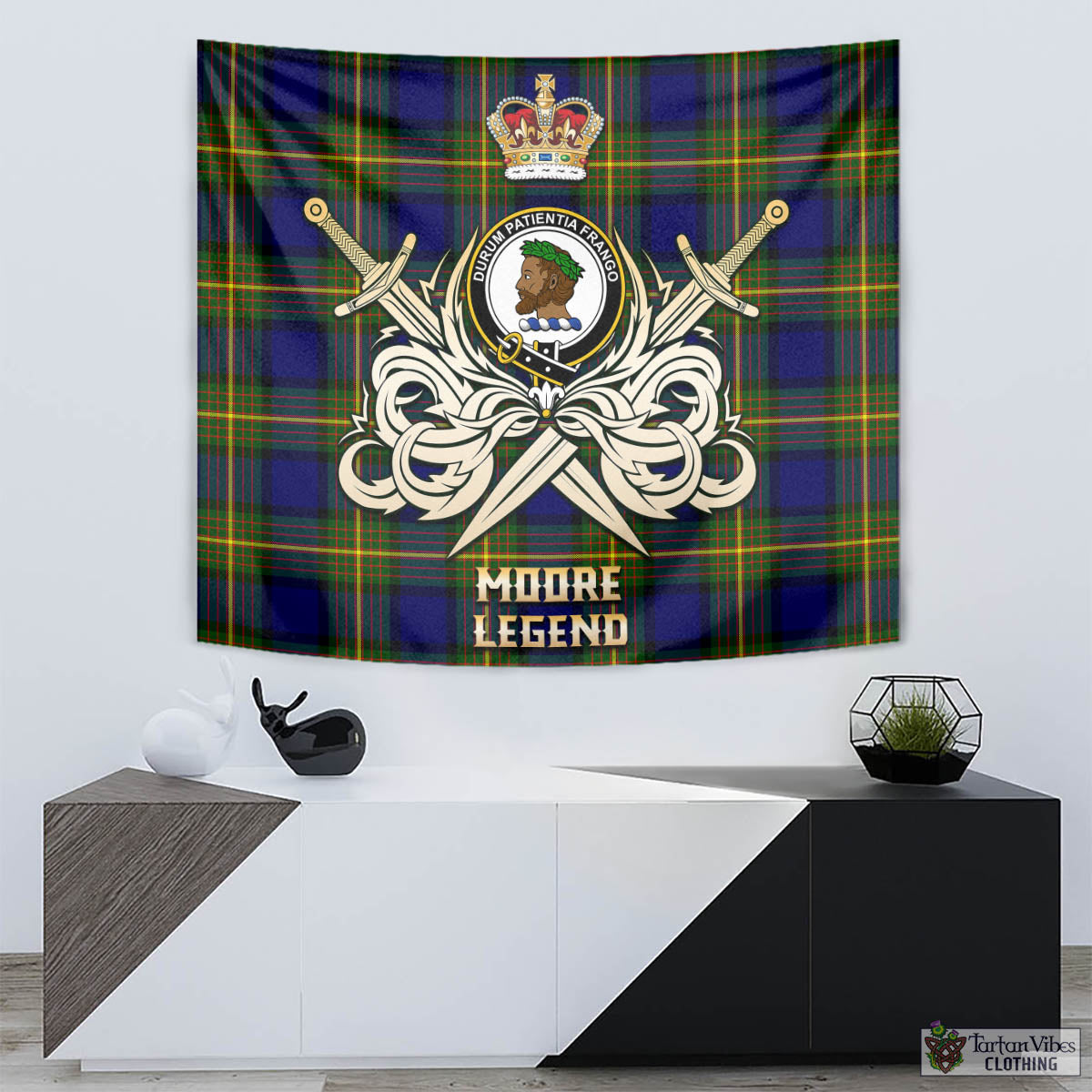 Moore Tartan Tapestry with Clan Crest and the Golden Sword of Courageous Legacy - Tartan Vibes Clothing