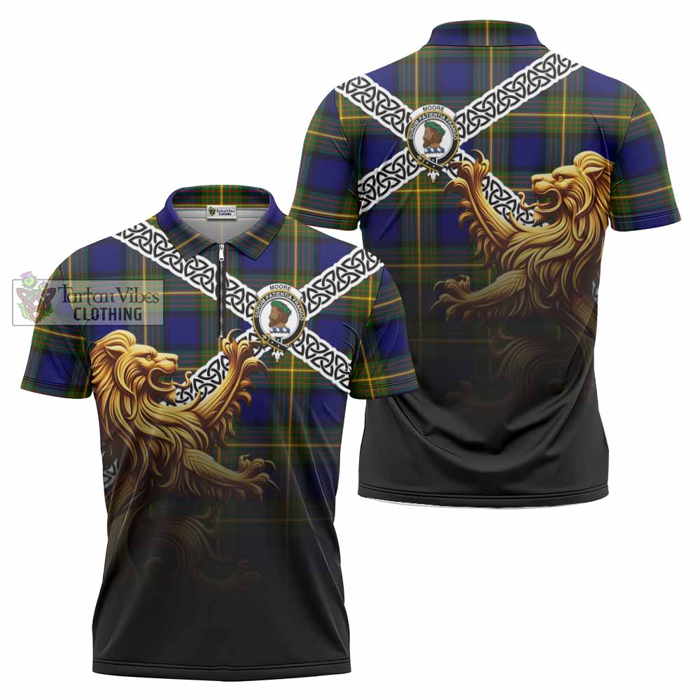 Moore Crest Tartan Zipper Polo Shirt with Golden Lion Emblem Celtic Style - Tartan Vibes Clothing