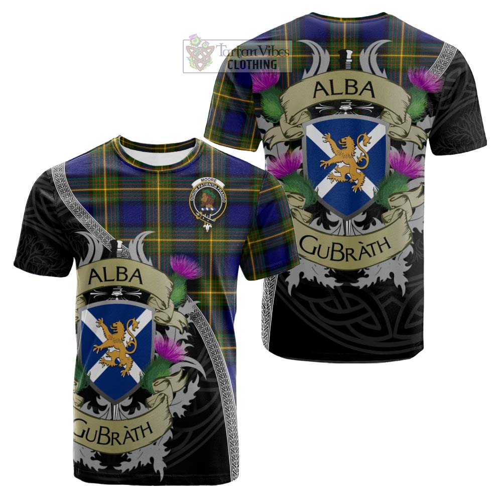 Tartan Vibes Clothing Moore Tartan Family Crest Cotton T-shirt Lion Rampant Royal Thistle Shield Celtic Inspired