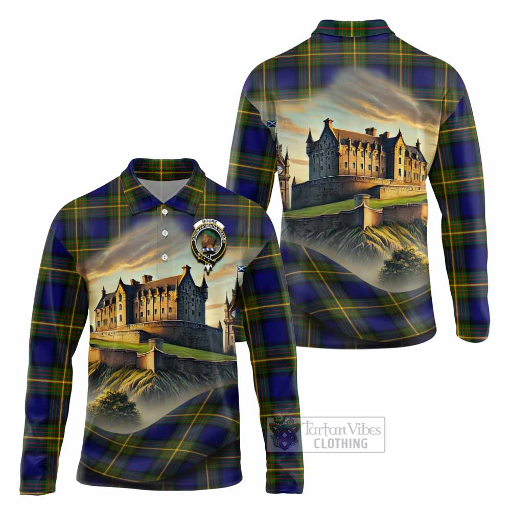 Moore Tartan Family Crest Long Sleeve Polo Shirt with Scottish Ancient Castle Style - Tartan Vibes Clothing