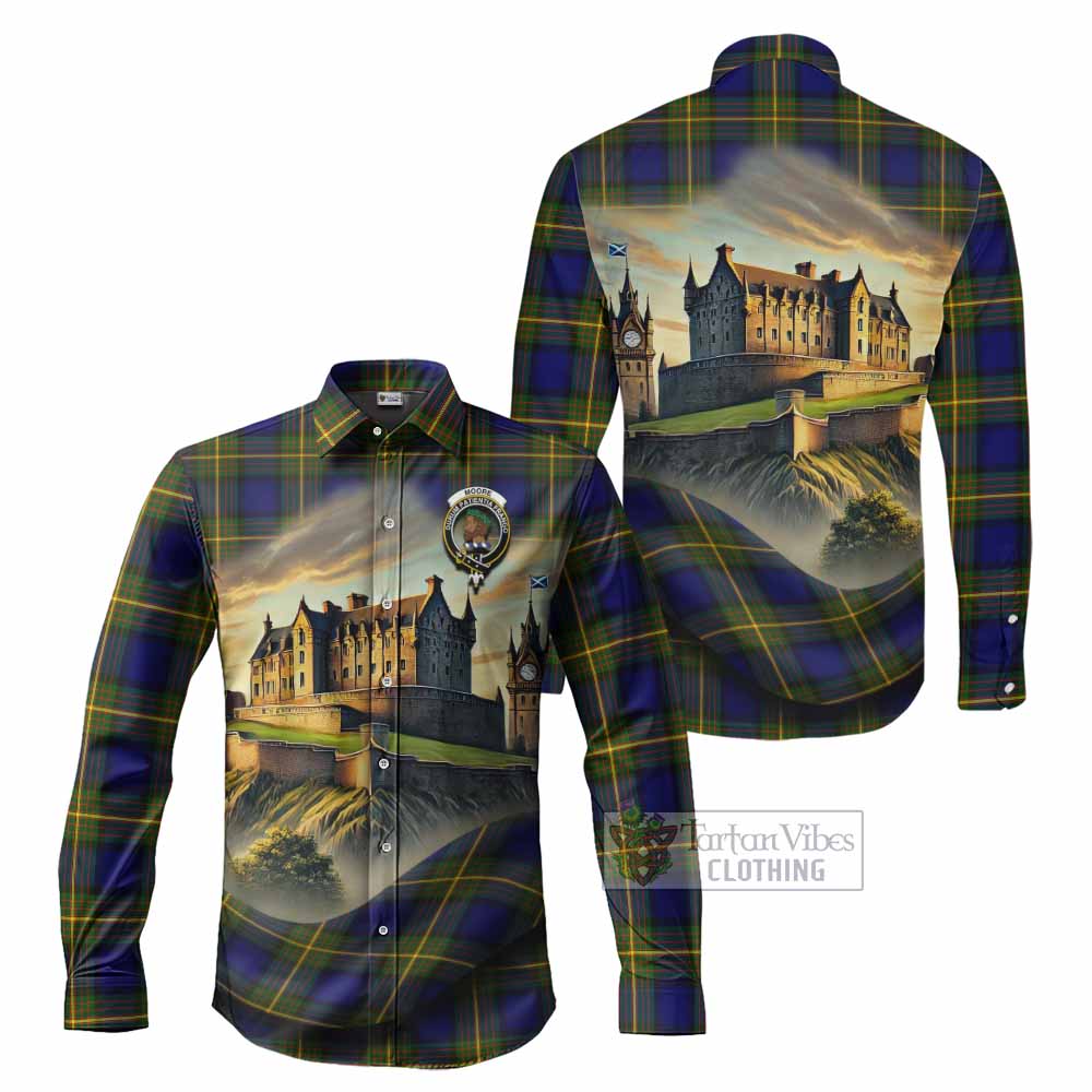 Tartan Vibes Clothing Moore Tartan Family Crest Long Sleeve Button Shirt with Scottish Ancient Castle Style