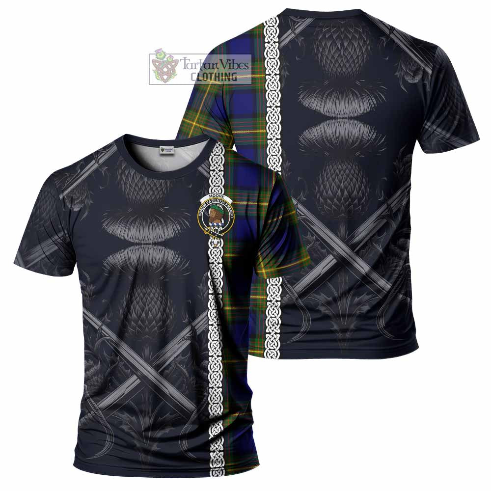 Moore Tartan T-Shirt with Family Crest Cross Sword Thistle Celtic Vibes - Tartan Vibes Clothing