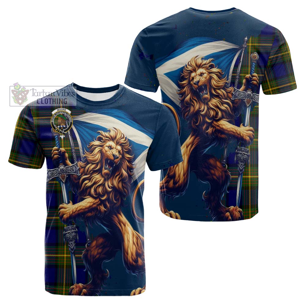 Moore Tartan Family Crest Cotton T-shirt with Scottish Majestic Lion - Tartan Vibes Clothing