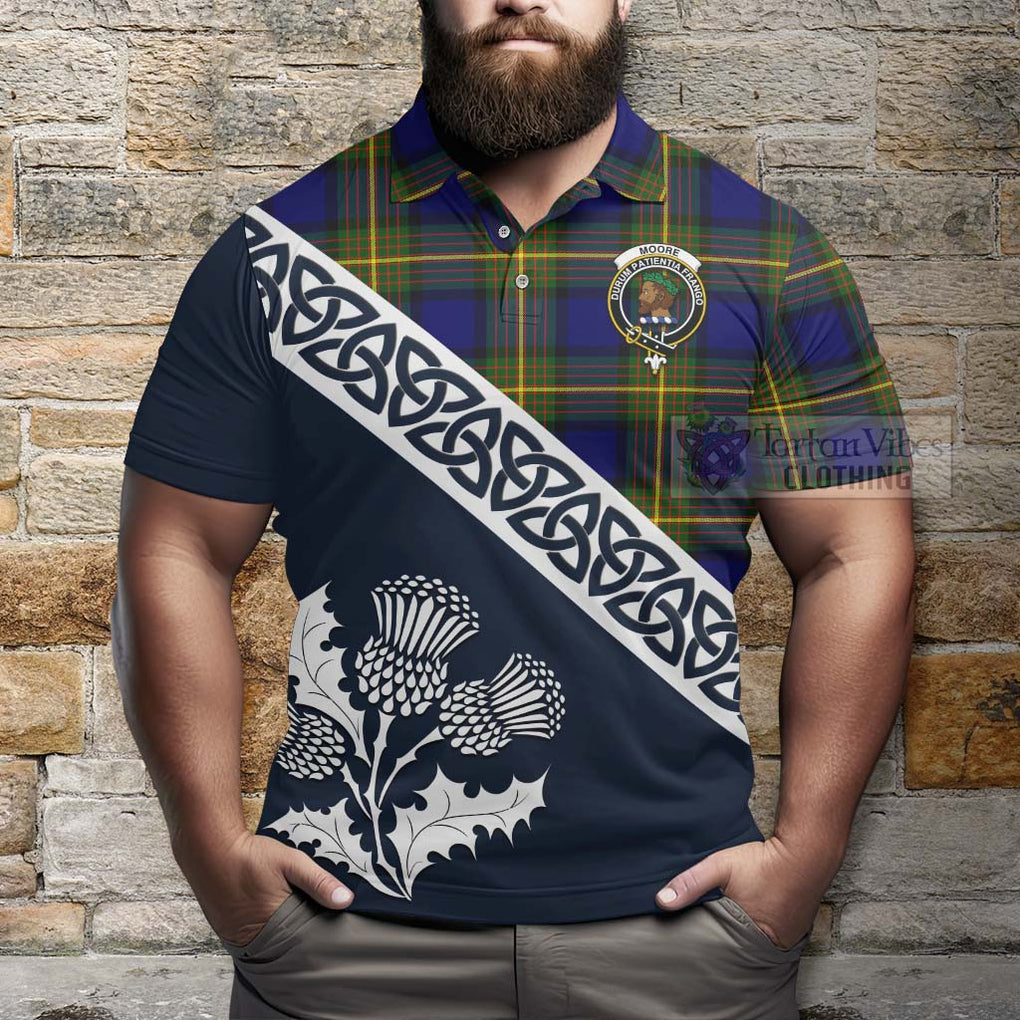 Moore Tartan Polo Shirt Featuring Thistle and Scotland Map - Tartanvibesclothing Store