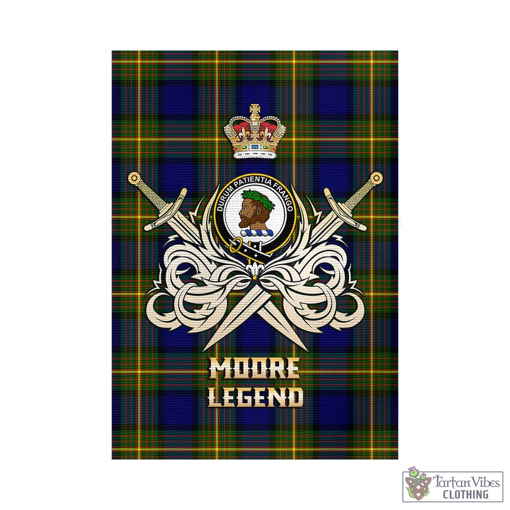 Moore Tartan Garden Flag with Clan Crest and the Golden Sword of Courageous Legacy - Tartan Vibes Clothing
