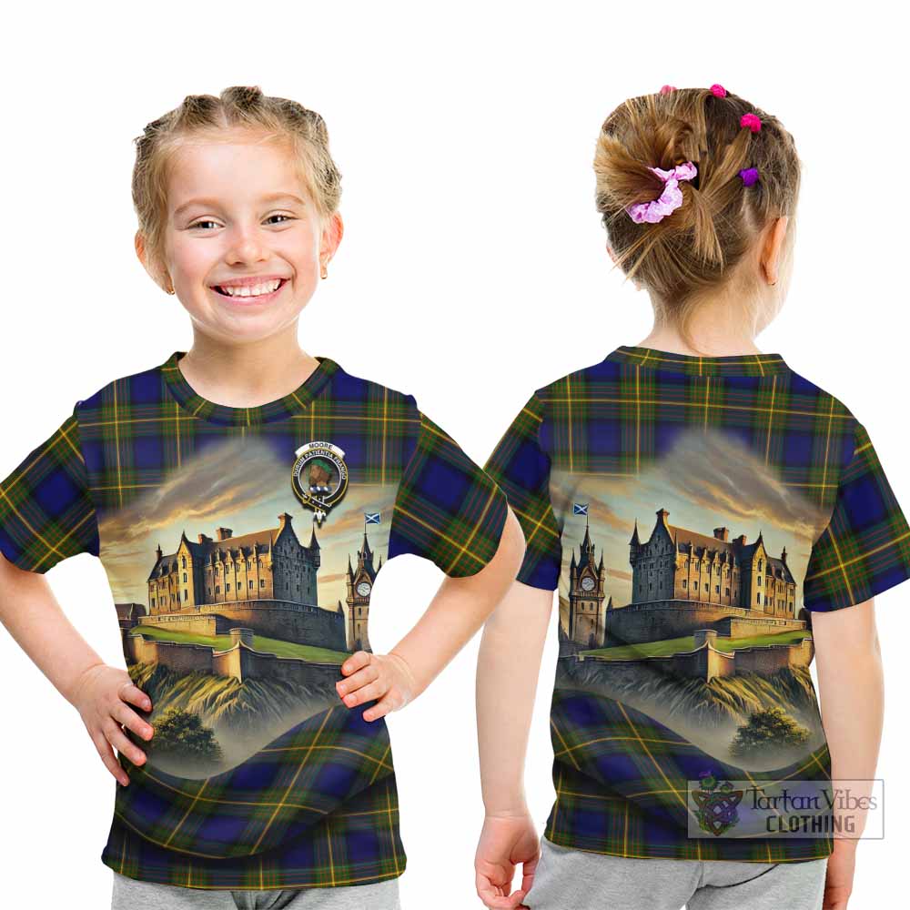 Moore Tartan Family Crest Kid T-Shirt with Scottish Ancient Castle Style - Tartan Vibes Clothing