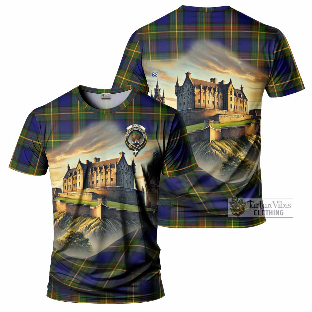 Moore Tartan Family Crest T-Shirt with Scottish Ancient Castle Style - Tartan Vibes Clothing