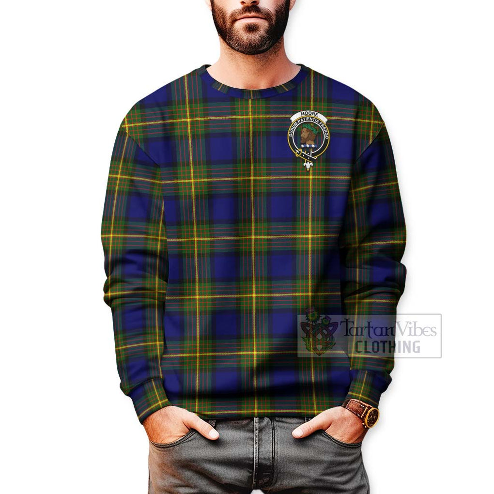 Moore Tartan Sweatshirt with Family Crest and Bearded Skull Holding Bottles of Whiskey - Tartan Vibes Clothing
