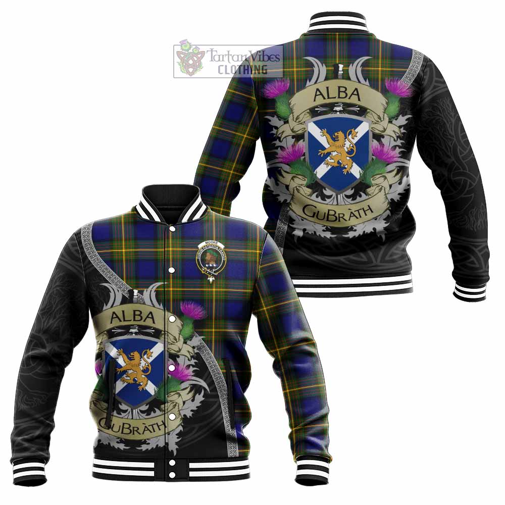 Moore Tartan Family Crest Baseball Jacket Lion Rampant Royal Thistle Shield Celtic Inspired - Tartan Vibes Clothing