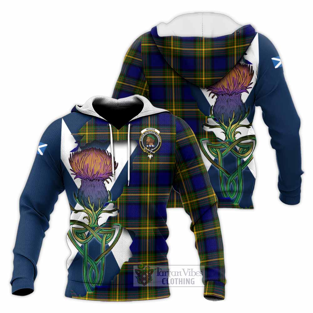 Tartan Vibes Clothing Moore Tartan Family Crest Knitted Hoodie Scottish Thistle Celtic Inspired