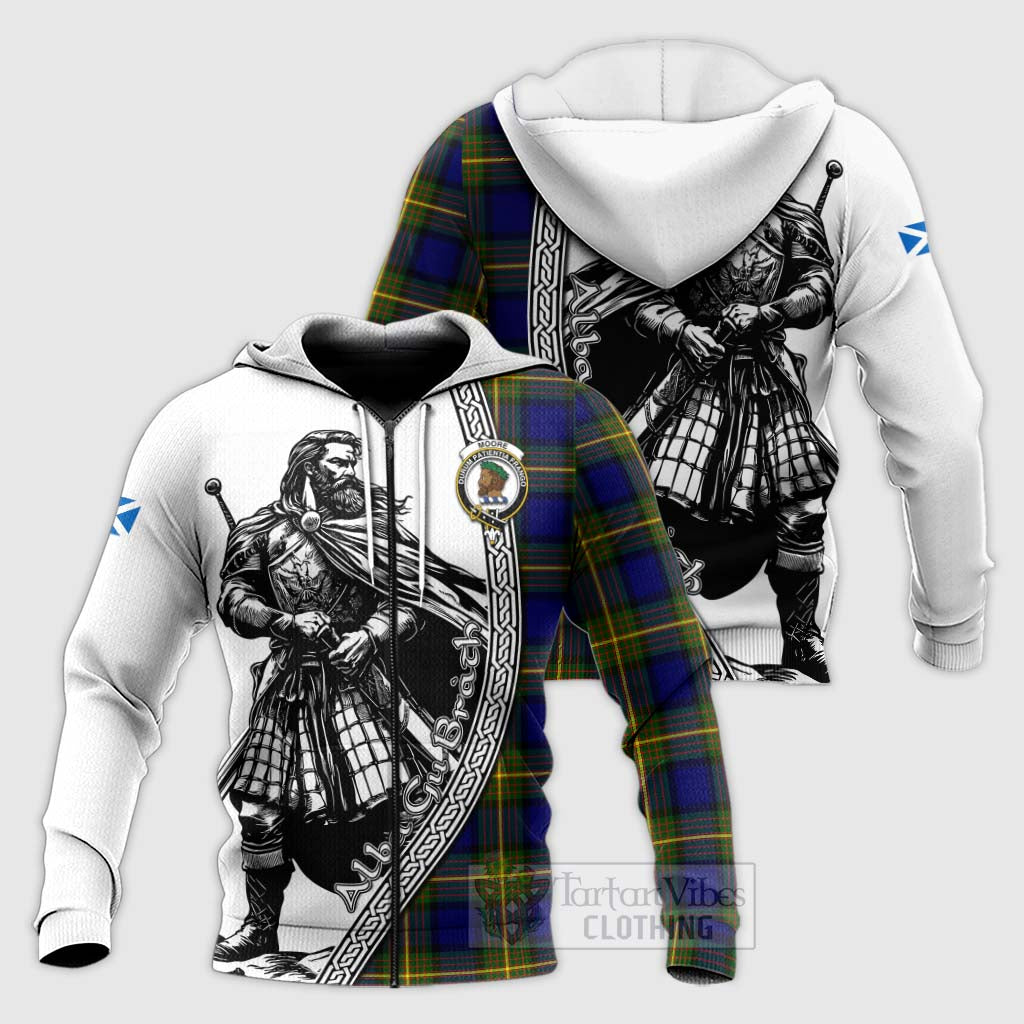 Moore Tartan Clan Crest Knitted Hoodie with Highlander Warrior Celtic Style Unisex Knitted Zip Hoodie - Tartan Vibes Clothing