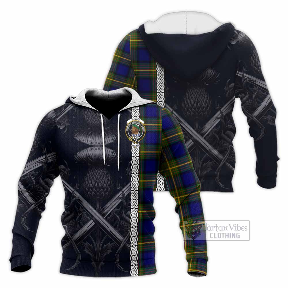 Moore Tartan Knitted Hoodie with Family Crest Cross Sword Thistle Celtic Vibes - Tartan Vibes Clothing
