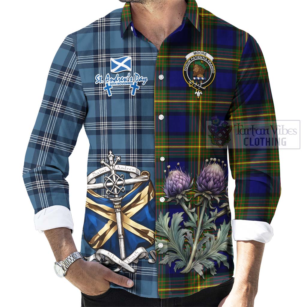 Moore Tartan Long Sleeve Button Shirt Happy St. Andrew's Day Half Tartan Style - Tartan Vibes Clothing