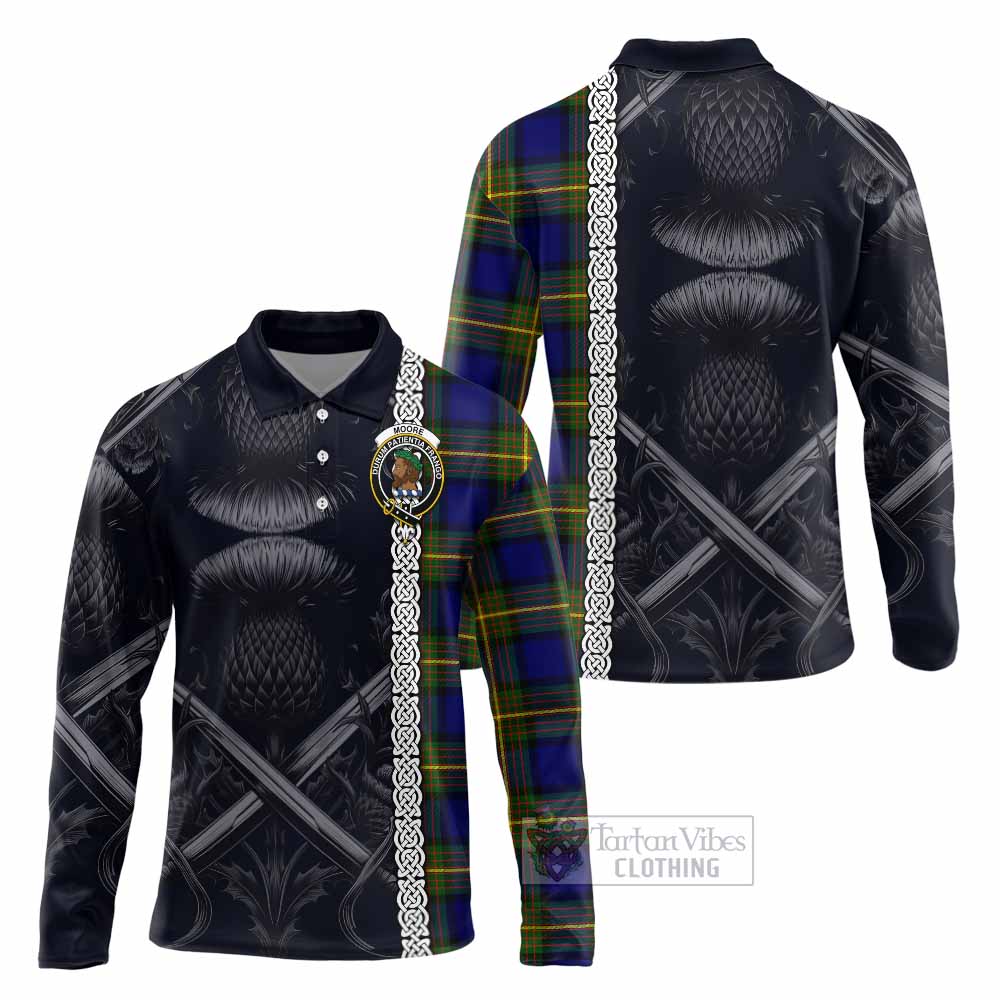 Moore Tartan Long Sleeve Polo Shirt with Family Crest Cross Sword Thistle Celtic Vibes - Tartan Vibes Clothing