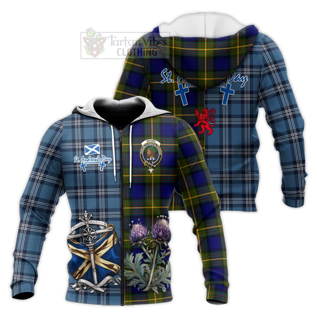 Moore Tartan Knitted Hoodie Happy St. Andrew's Day Half Tartan Style Unisex Knitted Zip Hoodie - Tartan Vibes Clothing