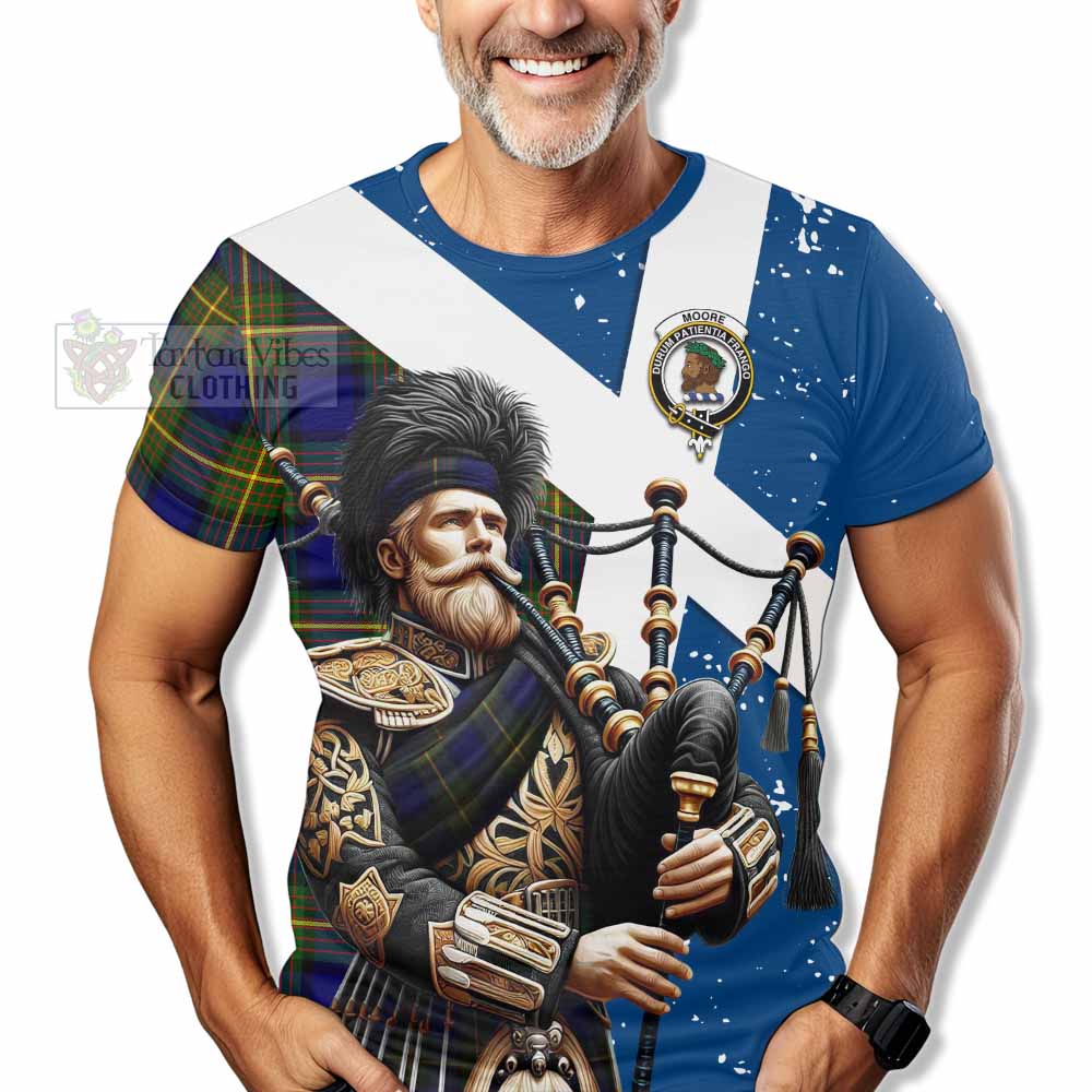 Moore Tartan T-Shirt with Family Crest Scottish Bagpiper Vibes - Tartan Vibes Clothing