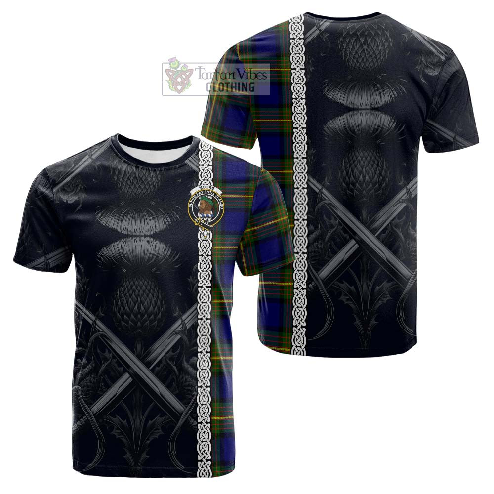 Tartan Vibes Clothing Moore Tartan Cotton T-shirt with Family Crest Cross Sword Thistle Celtic Vibes