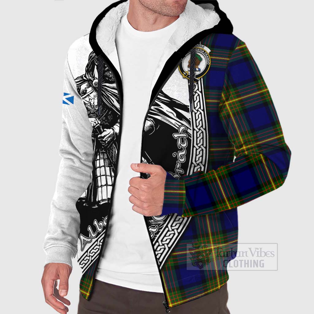 Moore Tartan Clan Crest Sherpa Hoodie with Highlander Warrior Celtic Style Unisex - Tartan Vibes Clothing