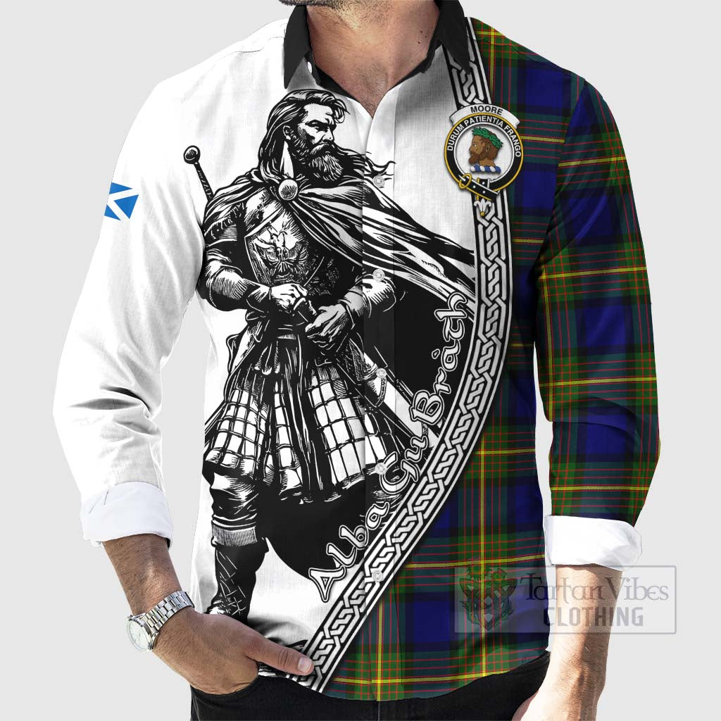 Moore Tartan Clan Crest Long Sleeve Button Shirt with Highlander Warrior Celtic Style - Tartan Vibes Clothing
