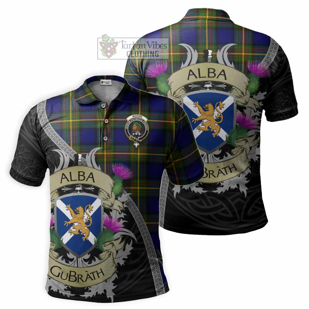 Moore Tartan Family Crest Polo Shirt Lion Rampant Royal Thistle Shield Celtic Inspired - Tartan Vibes Clothing