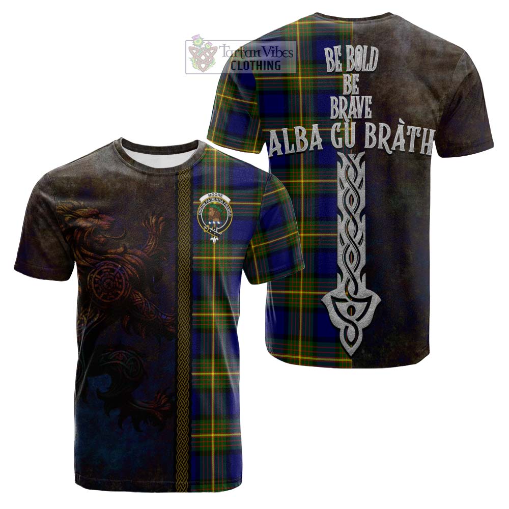 Moore Tartan Family Crest Cotton T-shirt Alba Gu Brath Be Brave Lion Ancient Style - Tartan Vibes Clothing
