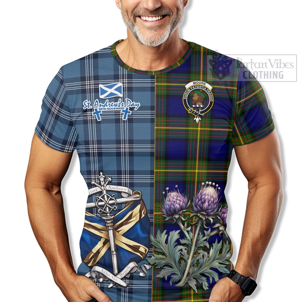 Moore Tartan T-Shirt Happy St. Andrew's Day Half Tartan Style - Tartan Vibes Clothing