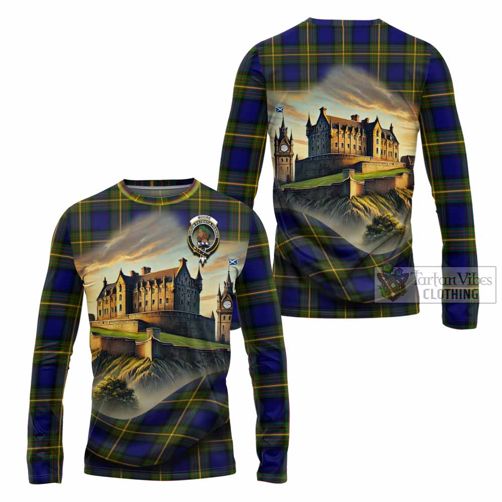 Moore Tartan Family Crest Long Sleeve T-Shirt with Scottish Ancient Castle Style - Tartan Vibes Clothing