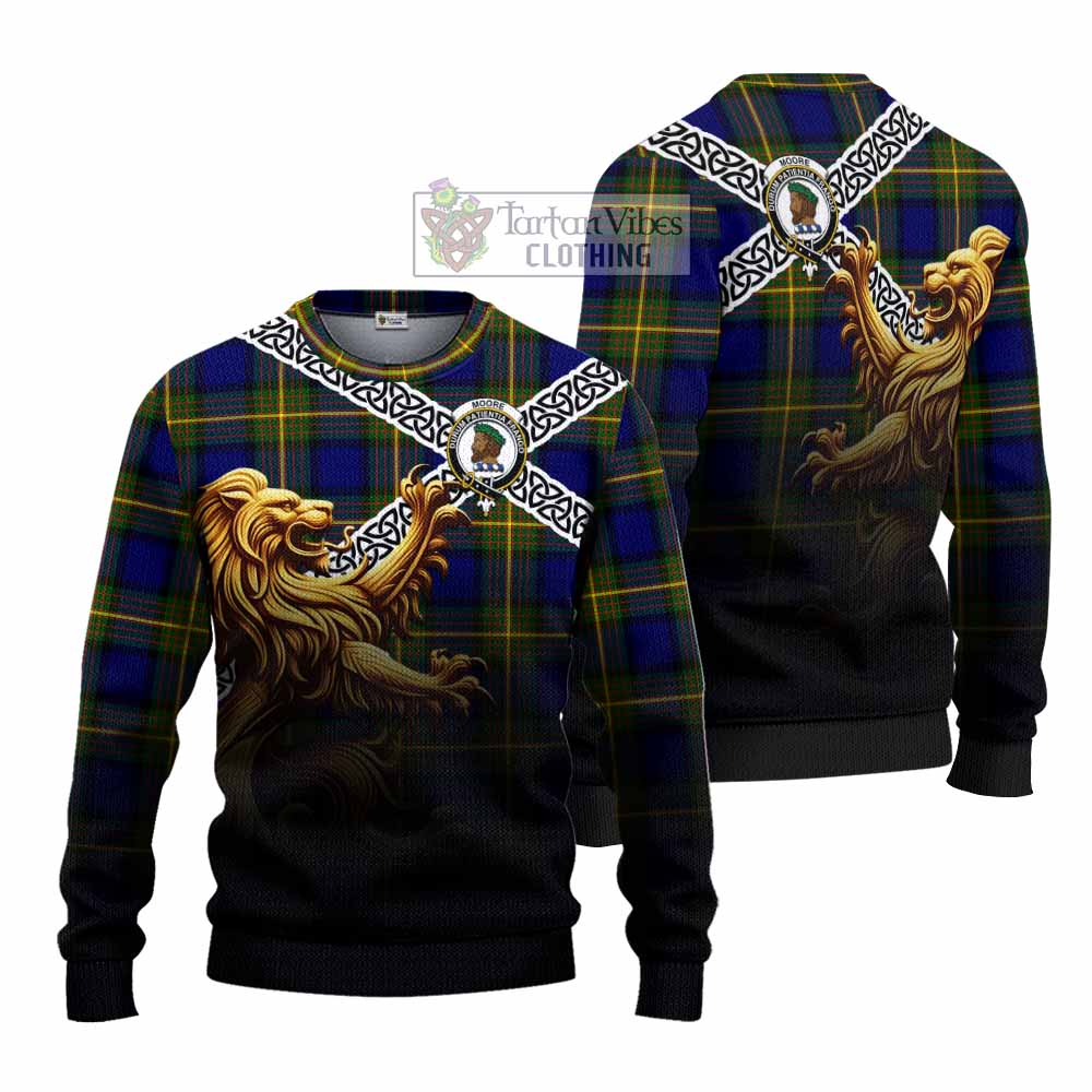 Moore Crest Tartan Knitted Sweater with Golden Lion Emblem Celtic Style - Tartan Vibes Clothing