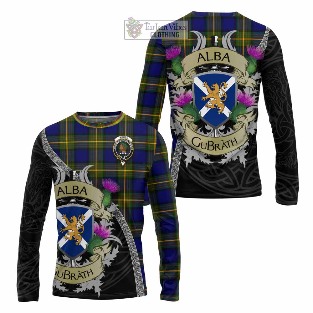 Moore Tartan Family Crest Long Sleeve T-Shirt Lion Rampant Royal Thistle Shield Celtic Inspired - Tartan Vibes Clothing