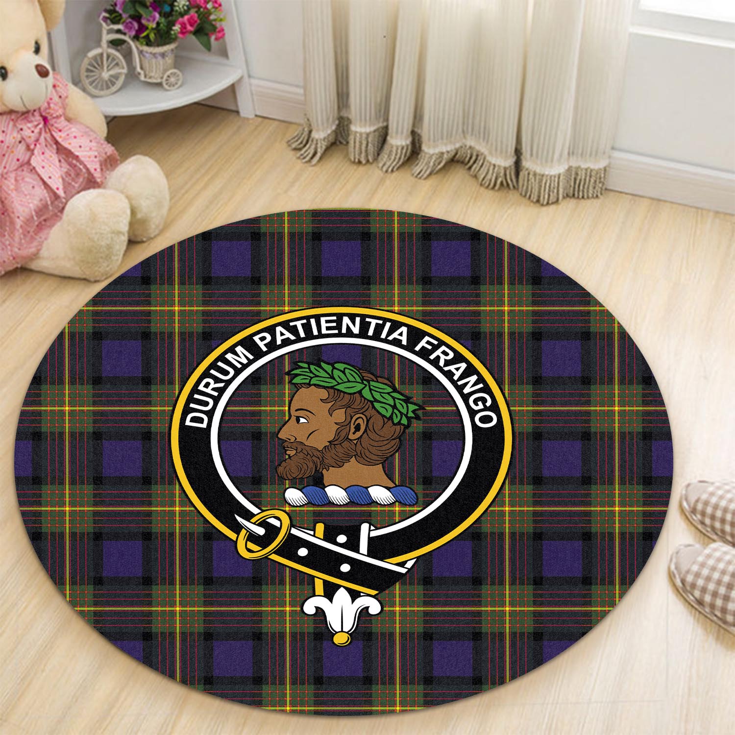 moore-tartan-round-rug-with-family-crest
