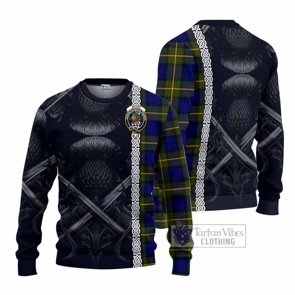 Moore Tartan Knitted Sweater with Family Crest Cross Sword Thistle Celtic Vibes - Tartan Vibes Clothing