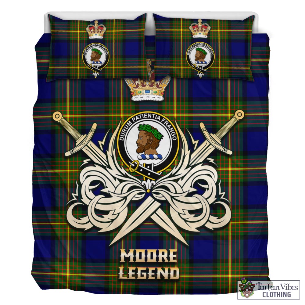 Tartan Vibes Clothing Moore Tartan Bedding Set with Clan Crest and the Golden Sword of Courageous Legacy