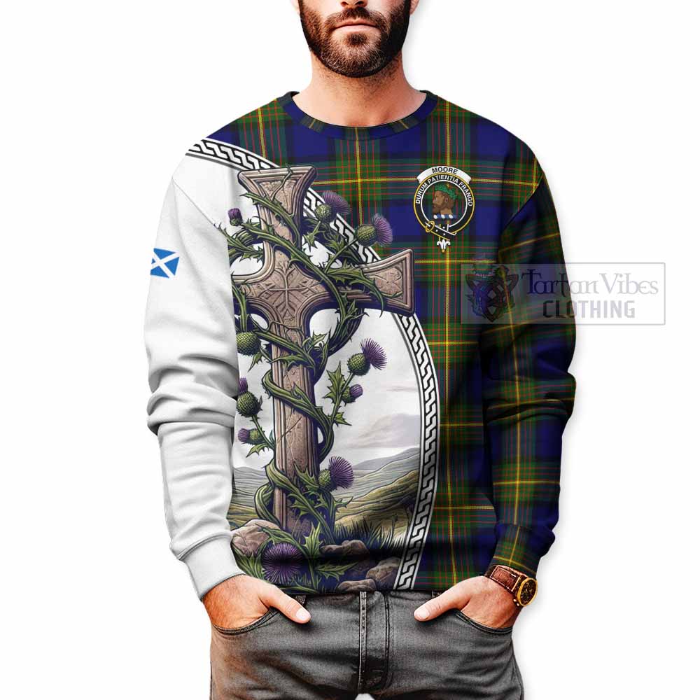 Moore Tartan Sweatshirt with Family Crest and St. Andrew's Cross Accented by Thistle Vines - Tartan Vibes Clothing