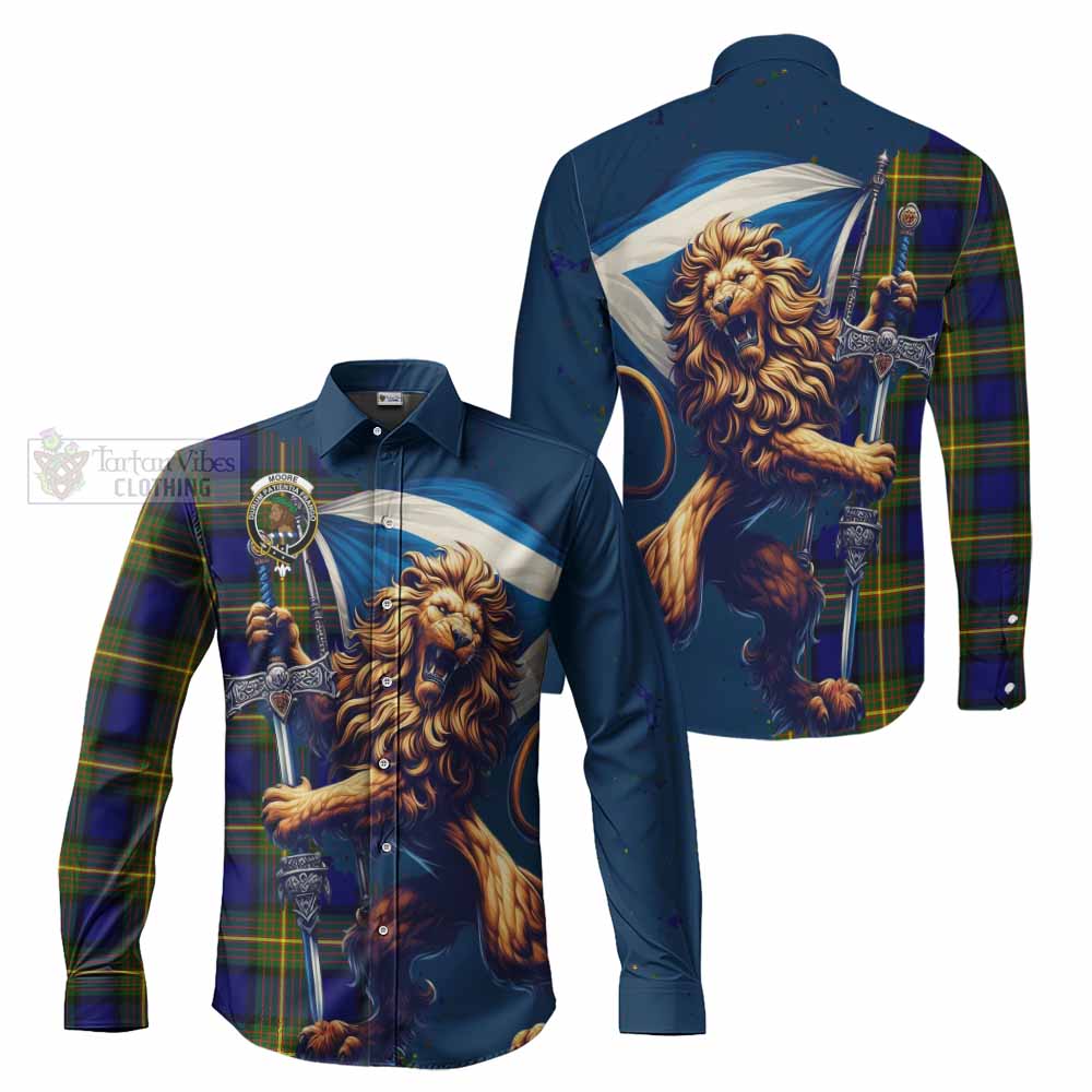 Moore Tartan Family Crest Long Sleeve Button Shirt with Scottish Majestic Lion - Tartan Vibes Clothing