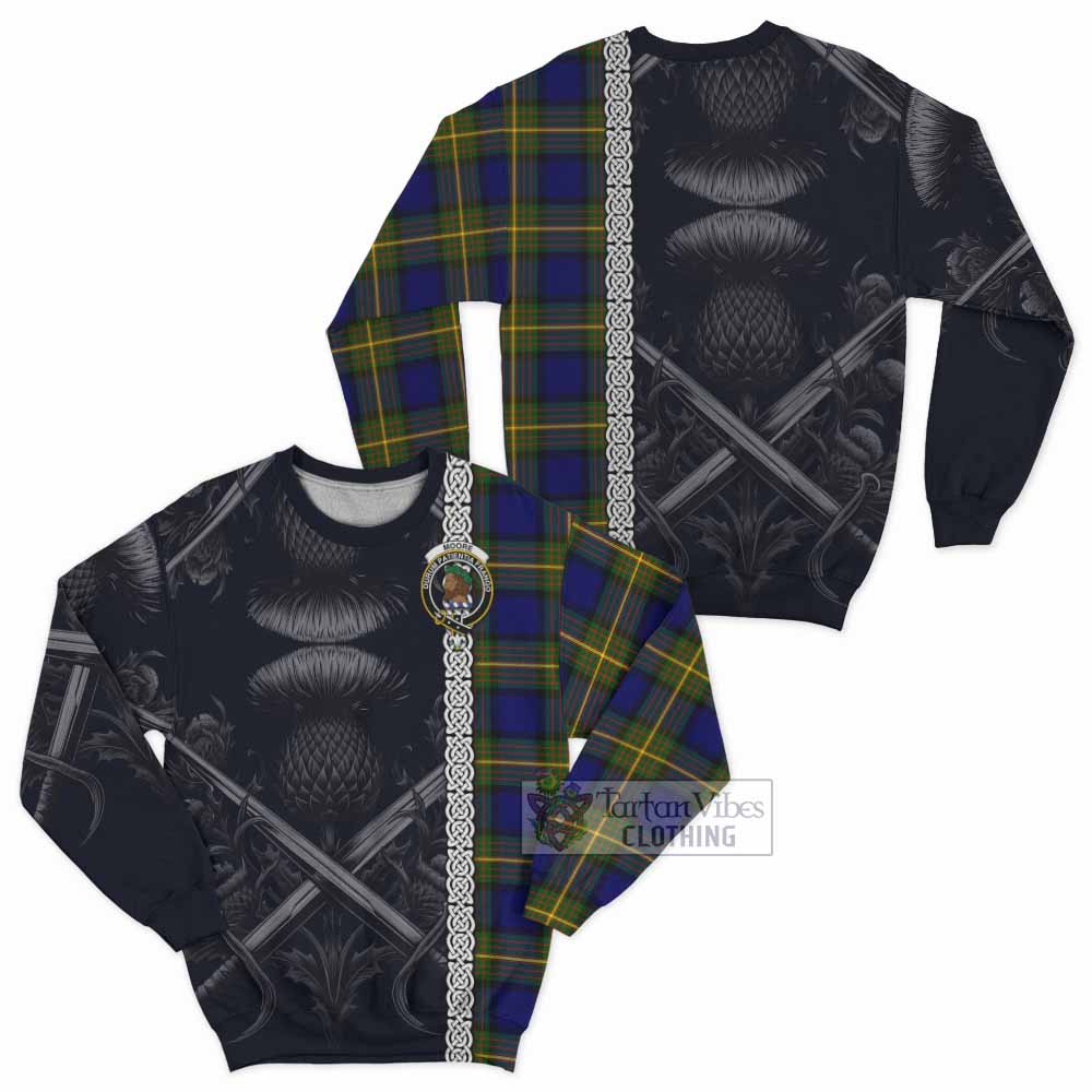 Moore Tartan Sweatshirt with Family Crest Cross Sword Thistle Celtic Vibes - Tartan Vibes Clothing