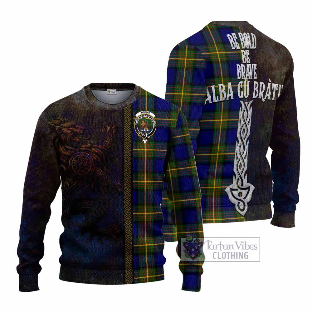 Moore Tartan Family Crest Knitted Sweater Alba Gu Brath Be Brave Lion Ancient Style - Tartan Vibes Clothing