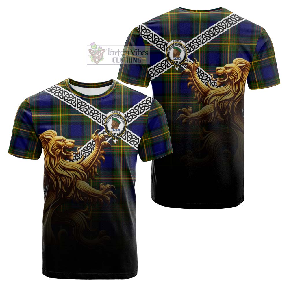 Tartan Vibes Clothing Moore Crest Tartan Cotton T-shirt with Golden Lion Emblem Celtic Style