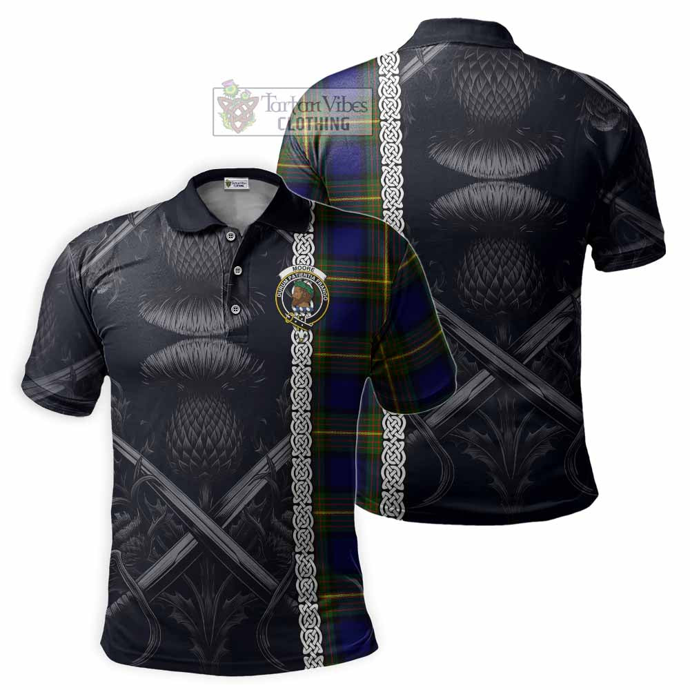 Moore Tartan Polo Shirt with Family Crest Cross Sword Thistle Celtic Vibes - Tartan Vibes Clothing
