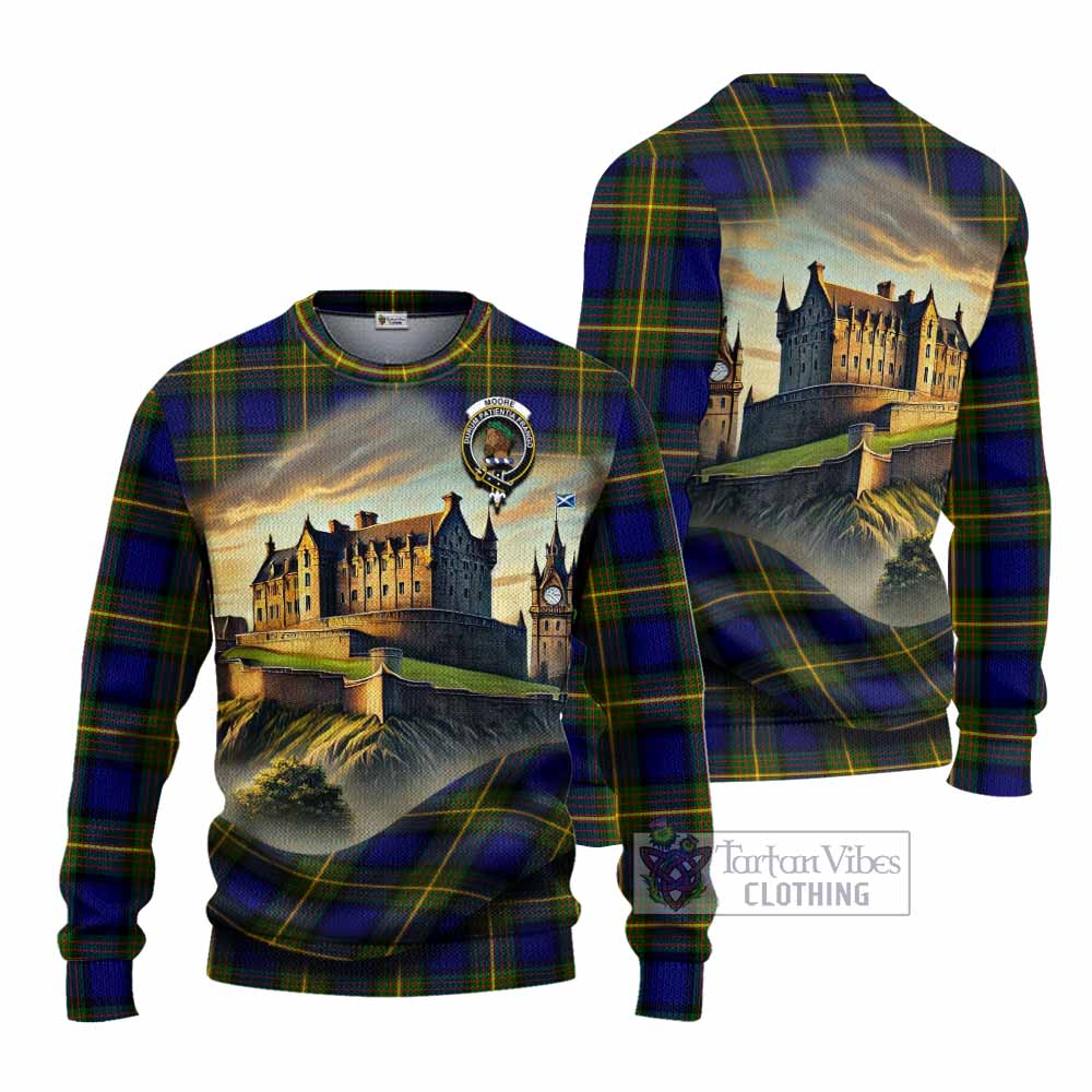 Moore Tartan Family Crest Knitted Sweater with Scottish Ancient Castle Style - Tartan Vibes Clothing