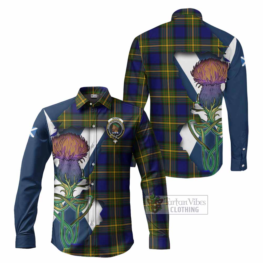Moore Tartan Family Crest Long Sleeve Button Shirt Scottish Thistle Celtic Inspired - Tartan Vibes Clothing