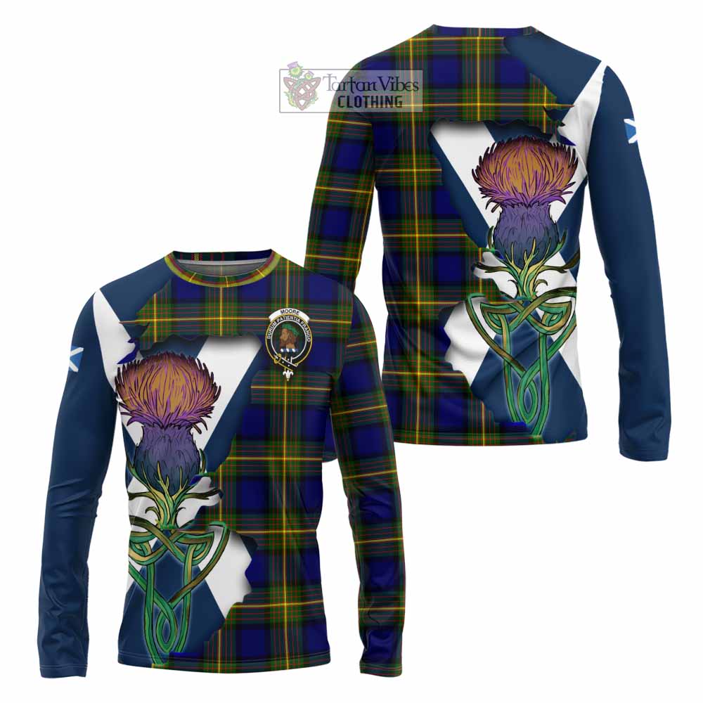 Tartan Vibes Clothing Moore Tartan Family Crest Long Sleeve T-Shirt Scottish Thistle Celtic Inspired